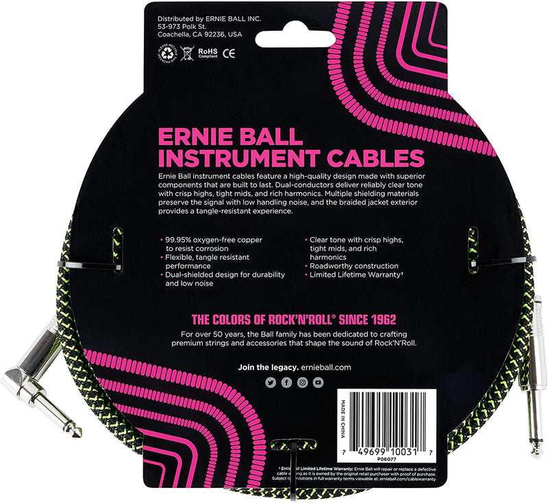 Ernie Ball P06077 Braided Straight to Right Angle -10 foot Black/Green-accessories-Ernie Ball- Hermes Music