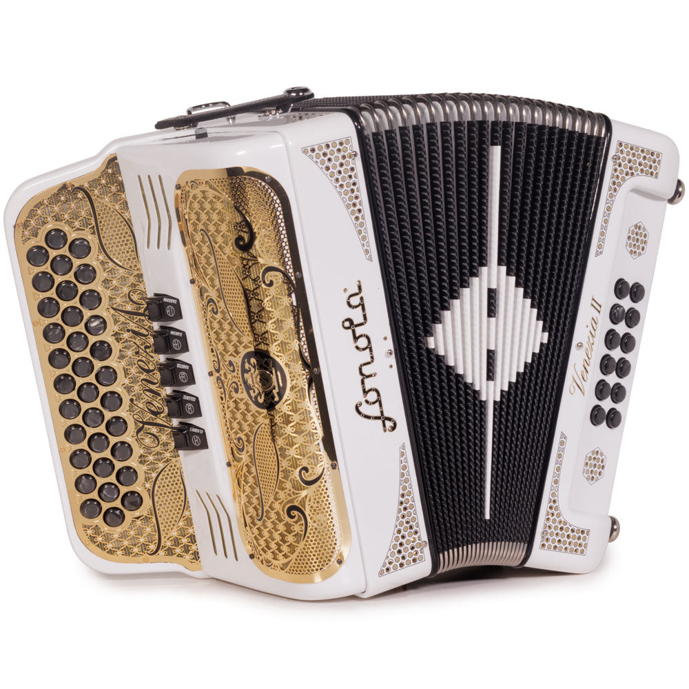 Sonola Venezia II Accordion 5 Switch FBE White Glitter with Gold-accordion-Sonola-Hermes Music
