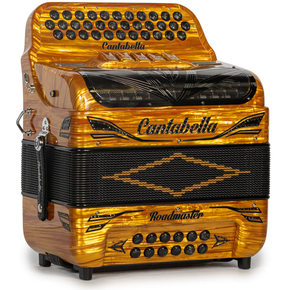 Cantabella Roadmaster Accordion Ultra Compact 5 Switch FBE Celluloid Gold Wood with Black and Painted Fretboard Hermes Music