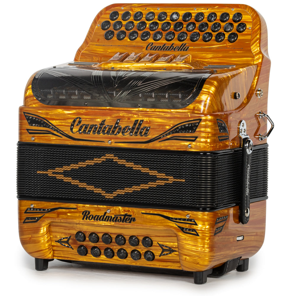 Cantabella Roadmaster Accordion Ultra Compact 5 Switch FBE Celluloid Gold Wood with Black and Painted Fretboard Hermes Music