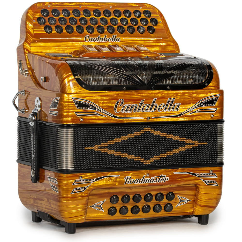 Cantabella Roadmaster Accordion Ultra Compact 5 Switch FBE Celluloid Gold Wood with Black and Painted Fretboard Hermes Music