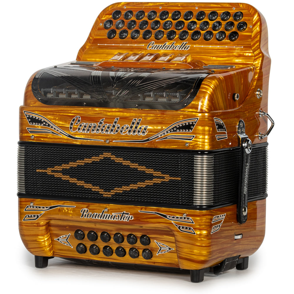 Cantabella Roadmaster Accordion Ultra Compact 5 Switch FBE Celluloid Gold Wood with Black and Painted Fretboard Hermes Music