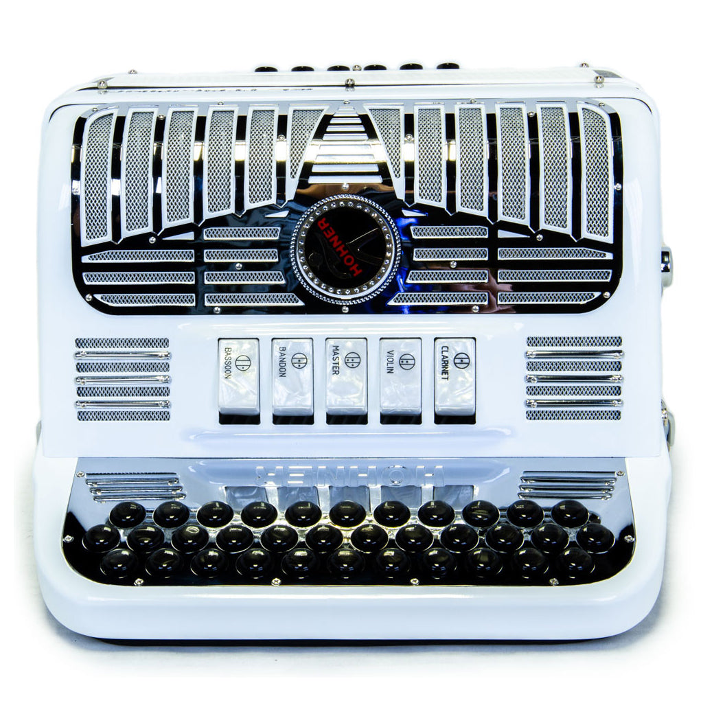 Anacleto El Italiano III Accordion Ultra Compact Accordion 5 Switches FBE White with Chrome Design-accordion-Anacleto- Hermes Music