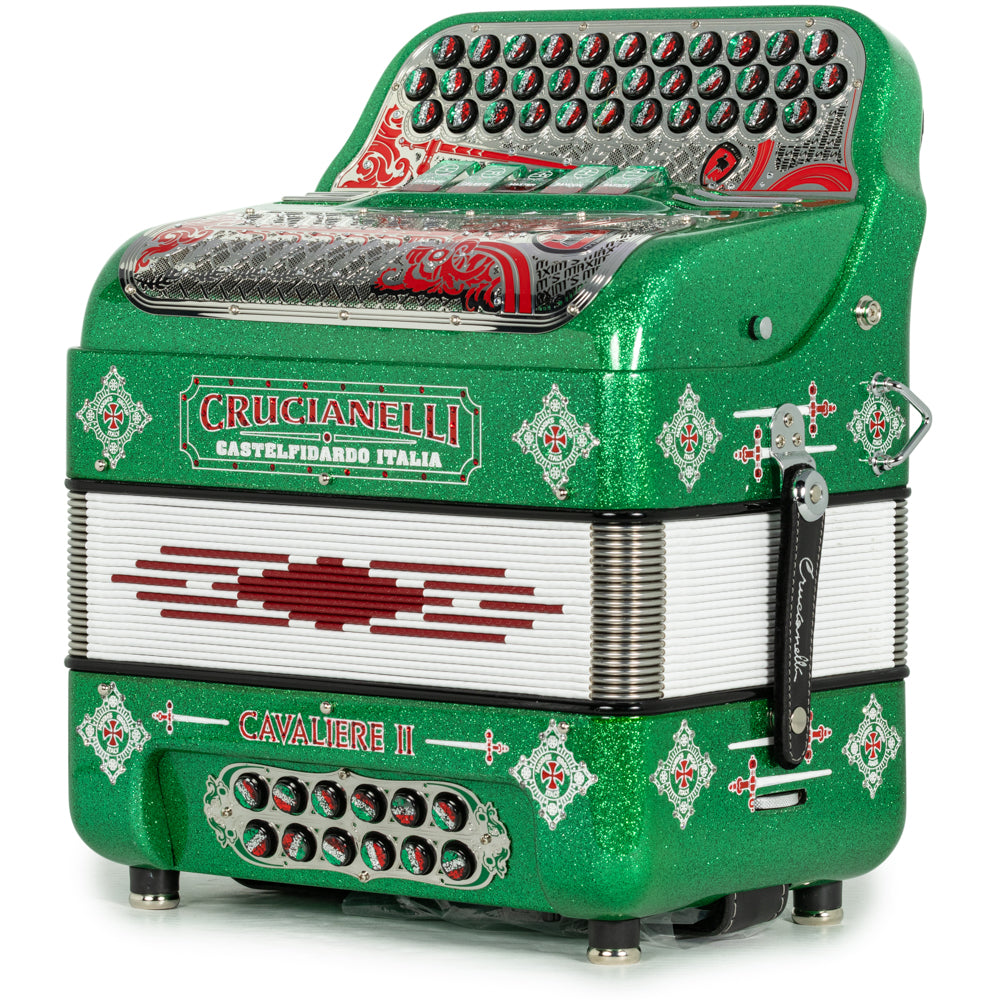 Crucianelli Cavaliere II 5 Switch FBE Ultra Compact Accordion in Green Glitter with Red