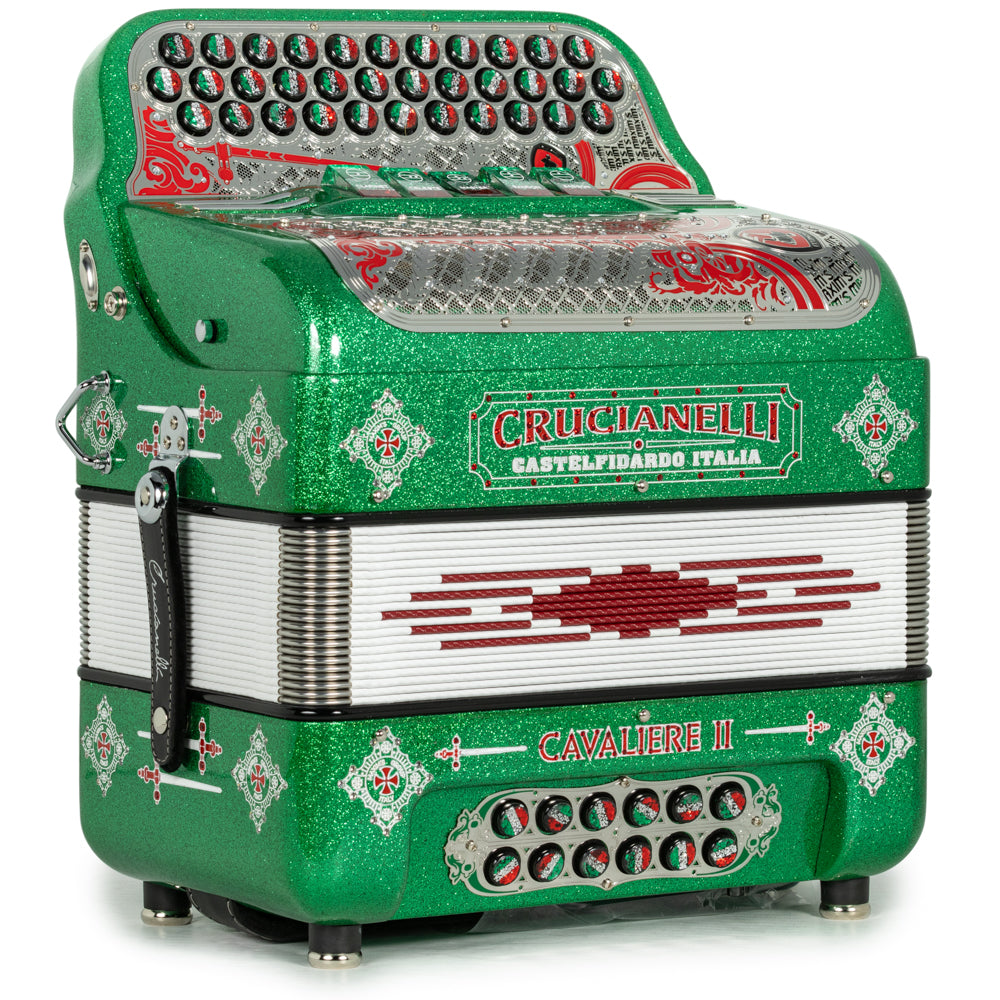 Crucianelli Cavaliere II 5 Switch FBE Ultra Compact Accordion in Green Glitter with Red