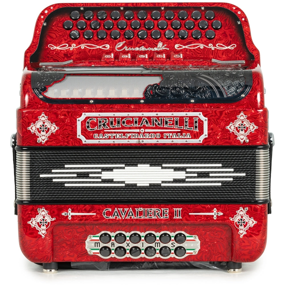 Crucianelli Cavaliere II 5 Switch EAD Accordion in Celluloid Red Waves with Silver