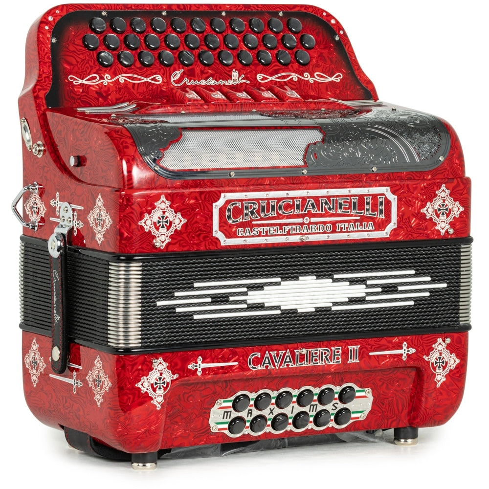 Crucianelli Cavaliere II 5 Switch EAD Accordion in Celluloid Red Waves with Silver