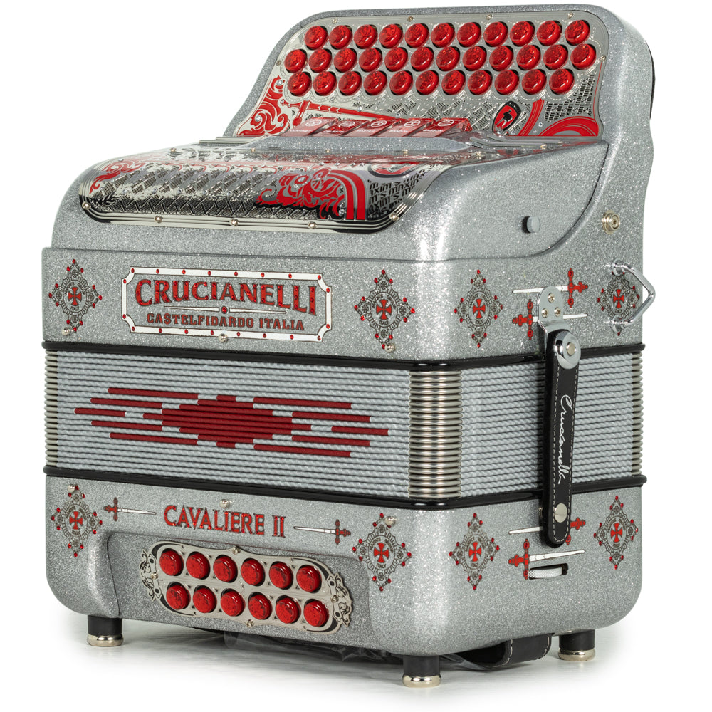 Crucianelli Cavaliere II 5 Switch EAD Ultra Compact Accordion in Silver Glitter with Red