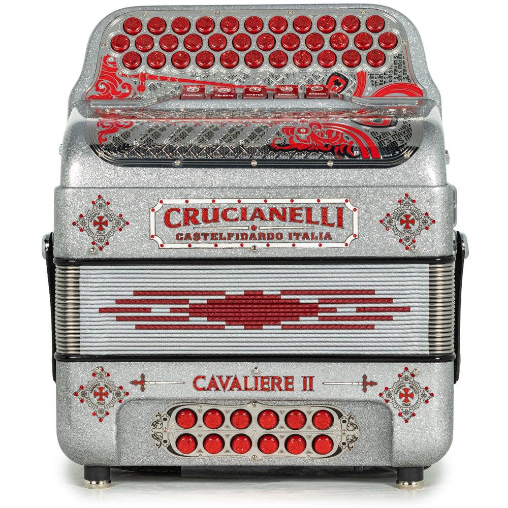 Crucianelli Cavaliere II 5 Switch EAD Ultra Compact Accordion in Silver Glitter with Red