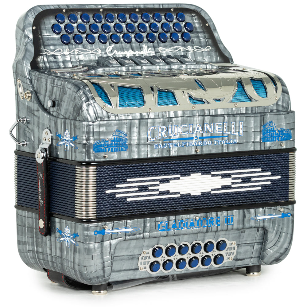 Crucianelli Gladiator III 6 Switch 2-Tone FBE-GCF Accordion in Celluloid Grey with Blue