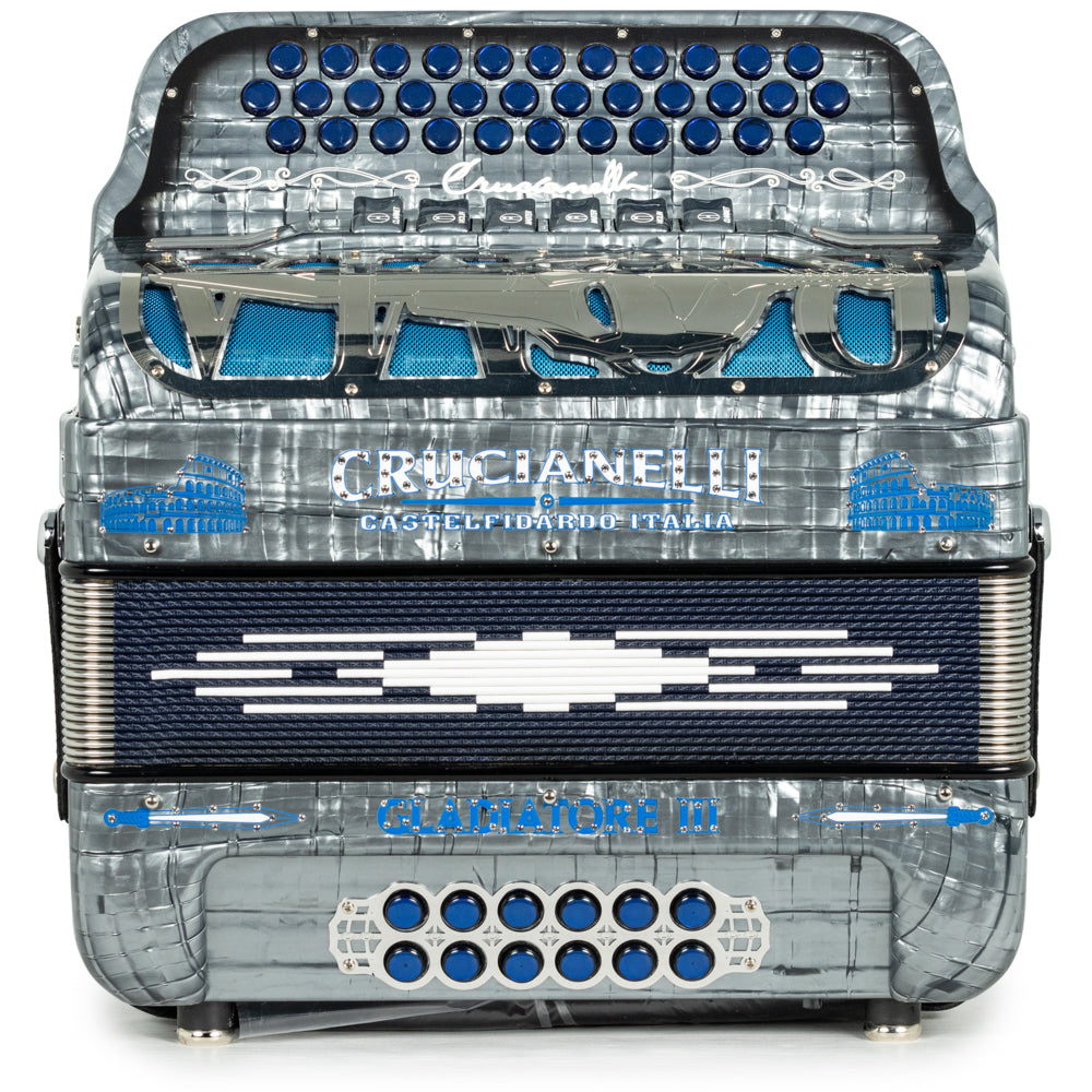 Crucianelli Gladiator III 6 Switch 2-Tone FBE-GCF Accordion in Celluloid Grey with Blue