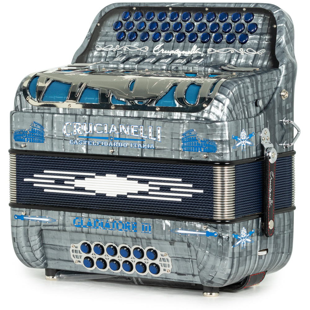 Crucianelli Gladiator III 6 Switch 2-Tone FBE-GCF Accordion in Celluloid Grey with Blue