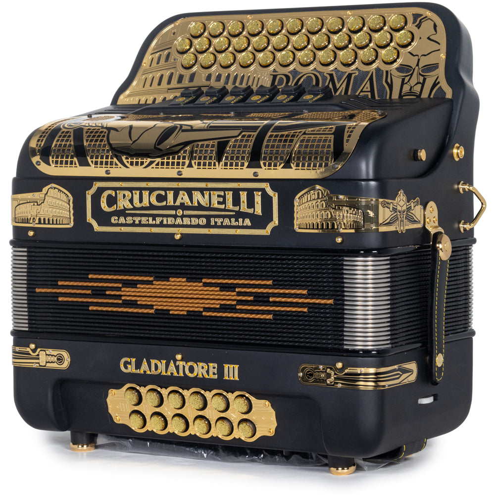 Crucianelli Gladiator III 6 Switch Two Tone FBE-GCF Accordion in Matte Black with Gold Details