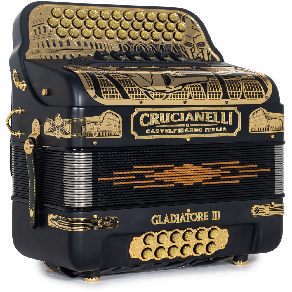 Crucianelli Gladiator III 6 Switch Two Tone FBE-GCF Accordion in Matte Black with Gold Details