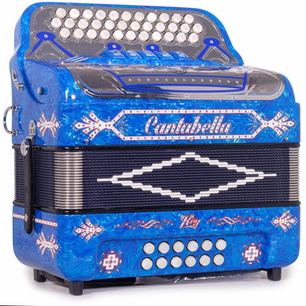 Cantabella Rey II 5 Switch FBE Celluloid Blue Waves with Silver and Red Accessories