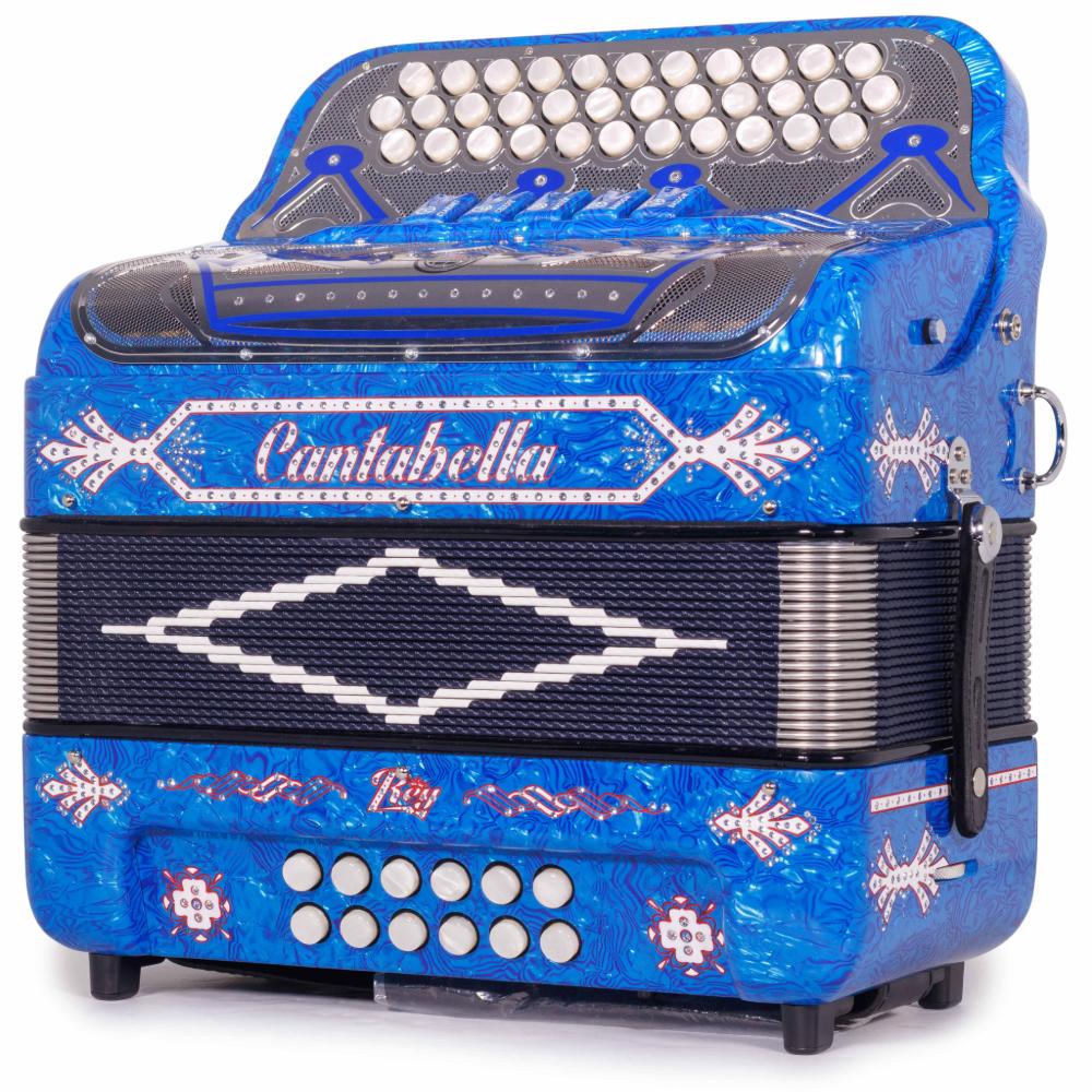 Cantabella Rey II 5 Switch FBE Celluloid Blue Waves with Silver and Red Accessories