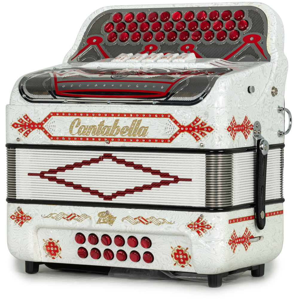 Cantabella Rey II 5 Switch FBE Celluloid White Waves with Red and Silver Accessories