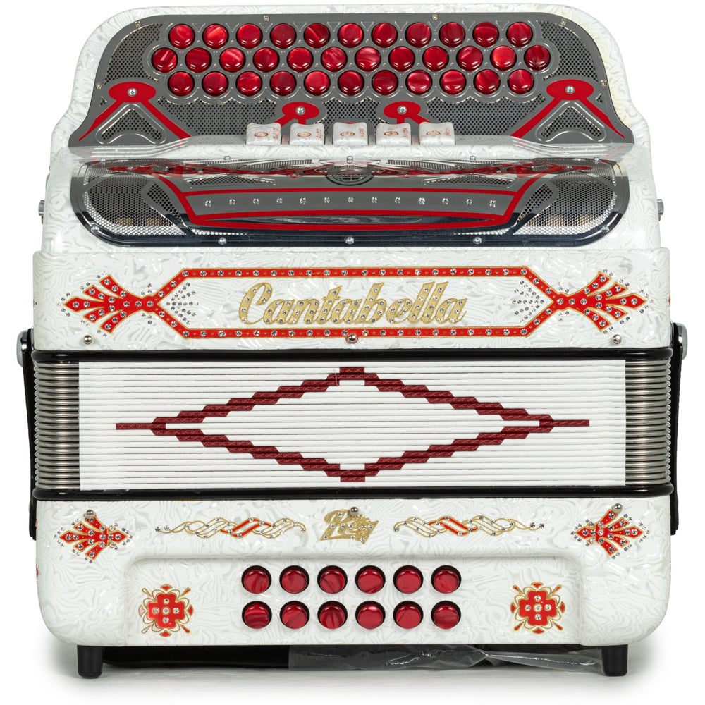 Cantabella Rey II 5 Switch FBE Celluloid White Waves with Red and Silver Accessories