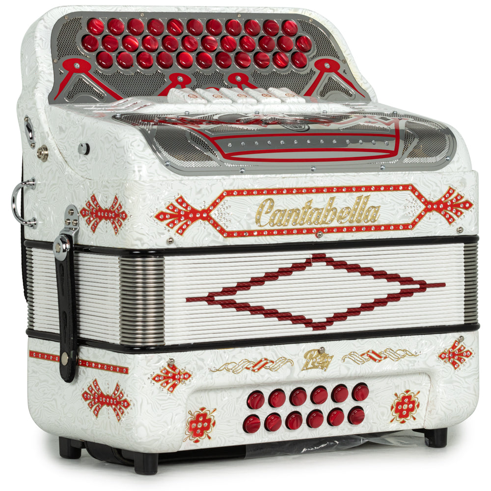 Cantabella Rey II 5 Switch FBE Celluloid White Waves with Red and Silver Accessories