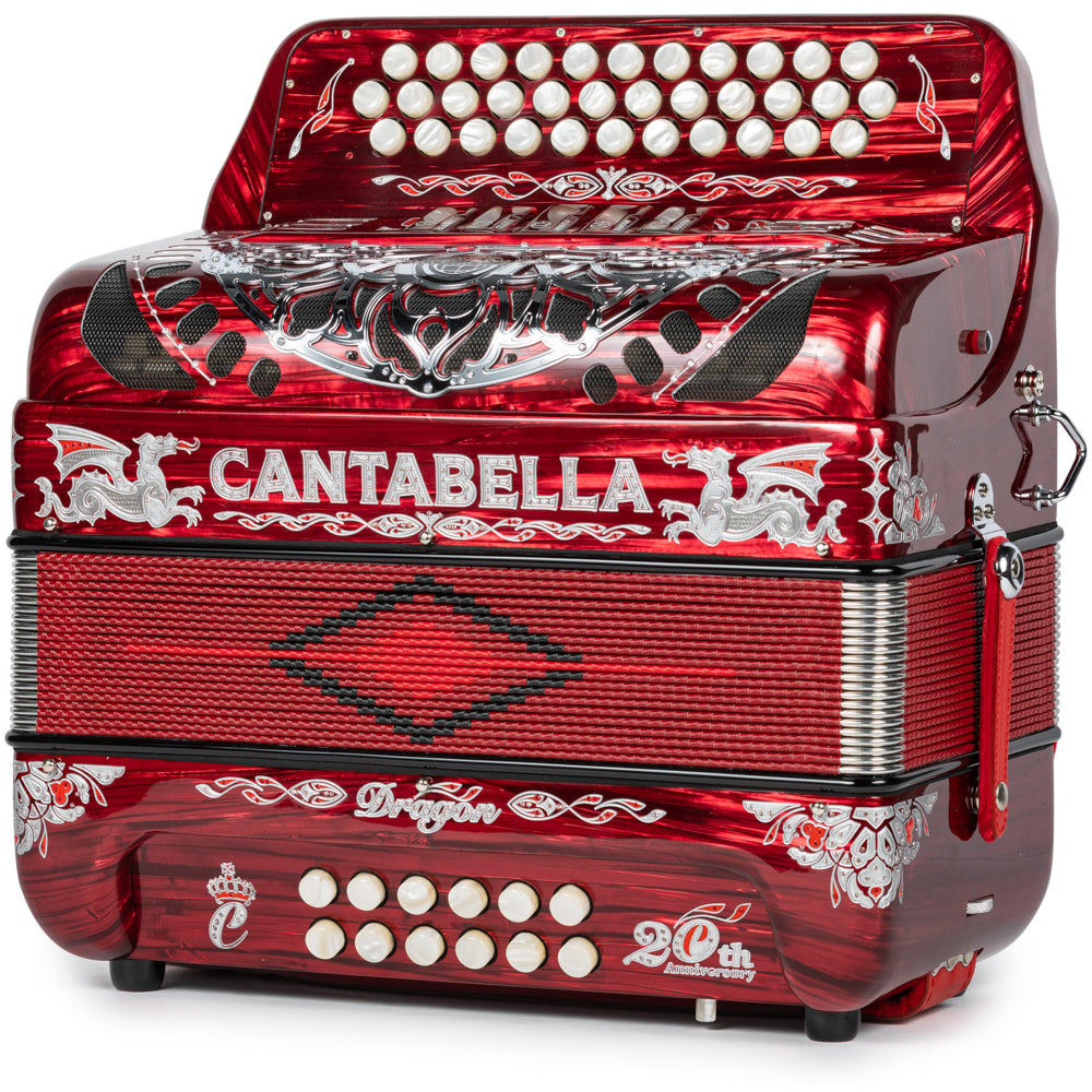 Cantabella Dragon Accordion 5 Switch FBE Celluloid Red and Silver