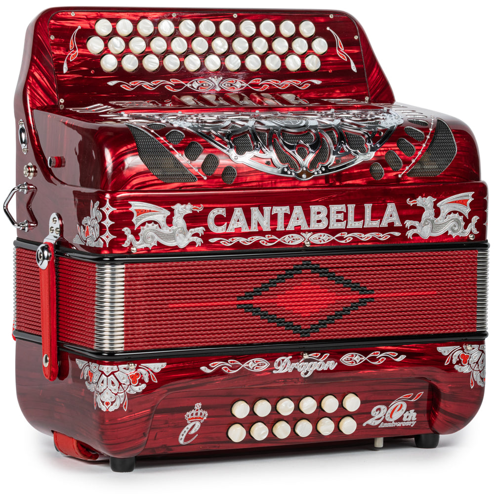Cantabella Dragon Accordion 5 Switch FBE Celluloid Red and Silver