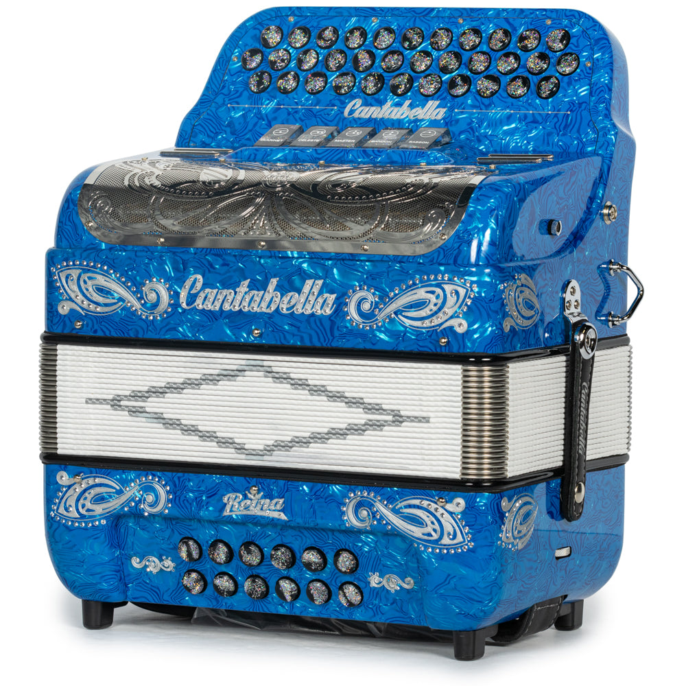 Cantabella Reina Accordion 5 Switch EAD Celluloid Blue Waves with Silver and Black Painted Fretboard