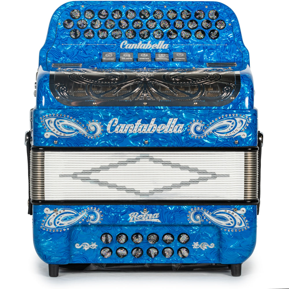 Cantabella Reina Accordion 5 Switch EAD Celluloid Blue Waves with Silver and Black Painted Fretboard