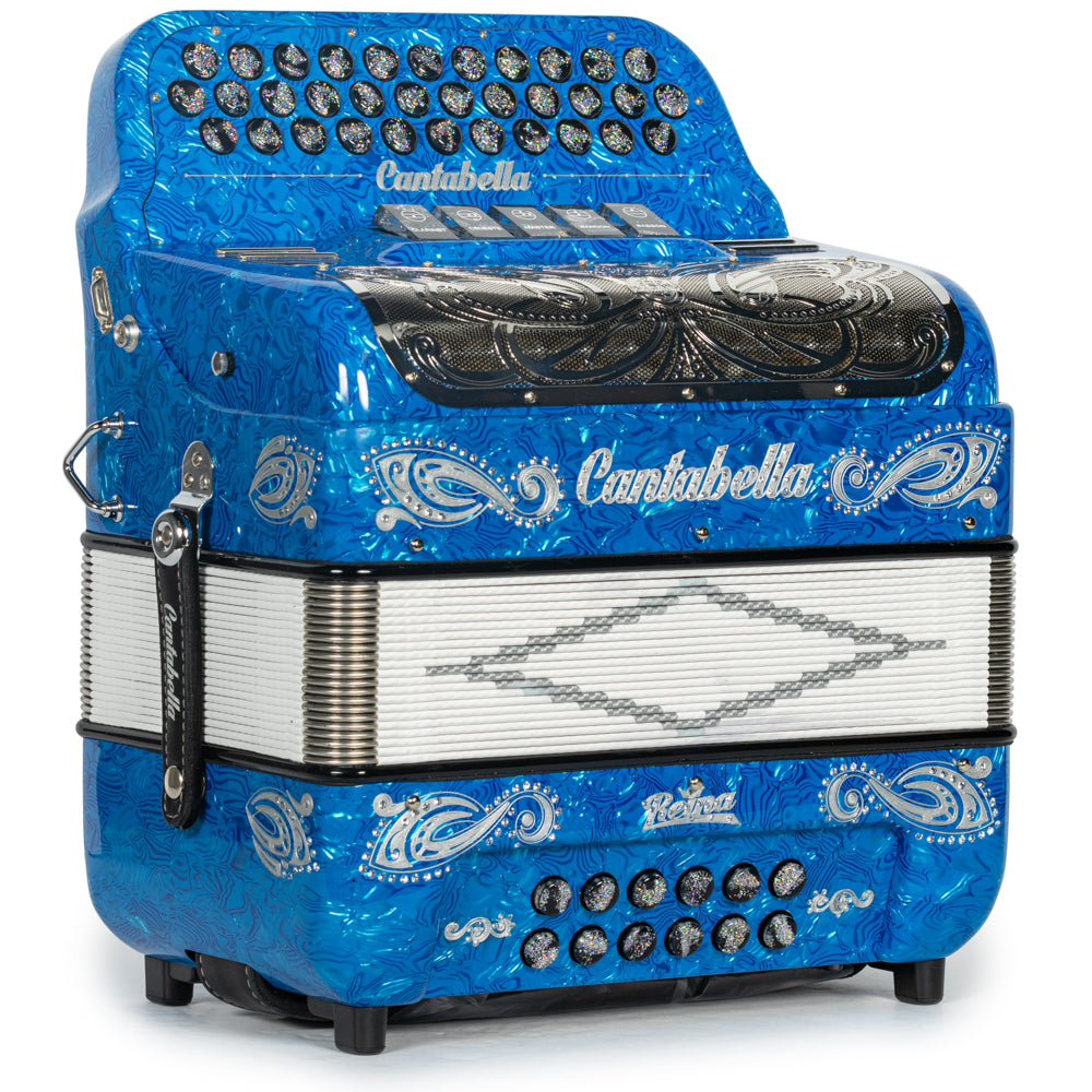 Cantabella Reina Accordion 5 Switch EAD Celluloid Blue Waves with Silver and Black Painted Fretboard