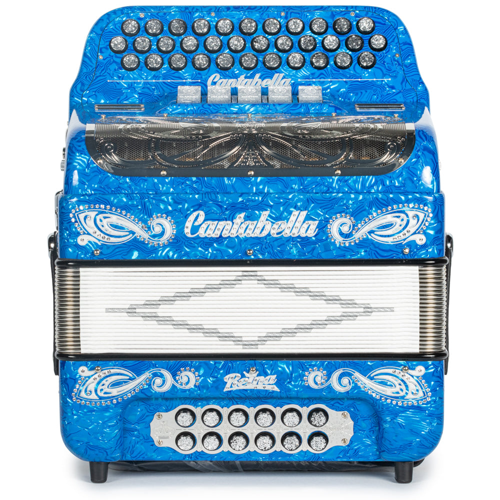Cantabella Reina Accordion 5 Switch FBE Celluloid Blue Waves with Silver Painted Fretboard