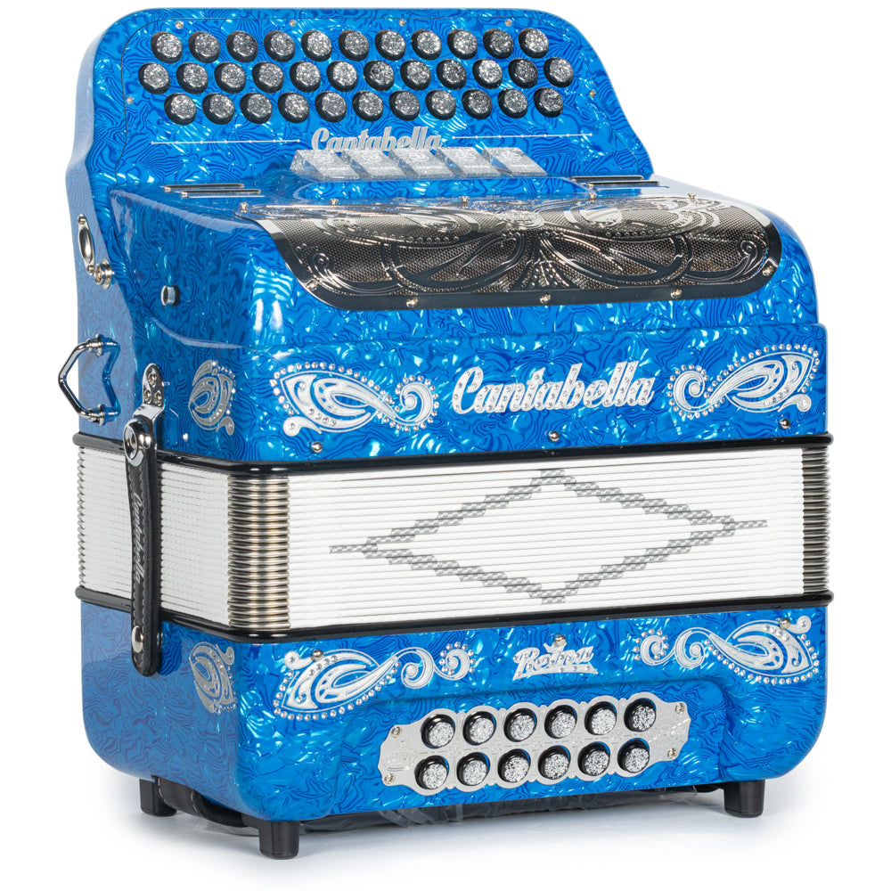 Cantabella Reina Accordion 5 Switch FBE Celluloid Blue Waves with Silver Painted Fretboard