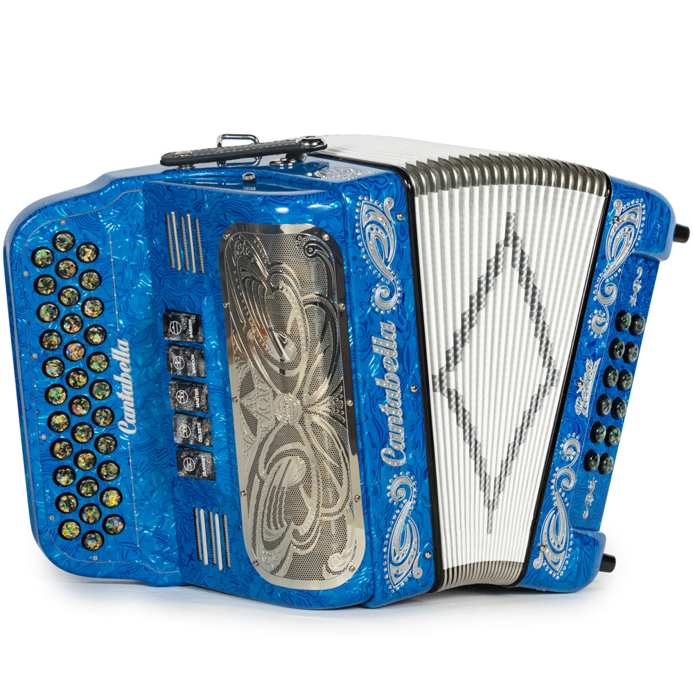 Cantabella Reina Accordion 5 Switch FBE Celluloid Blue Waves with Silver Painted Fretboard