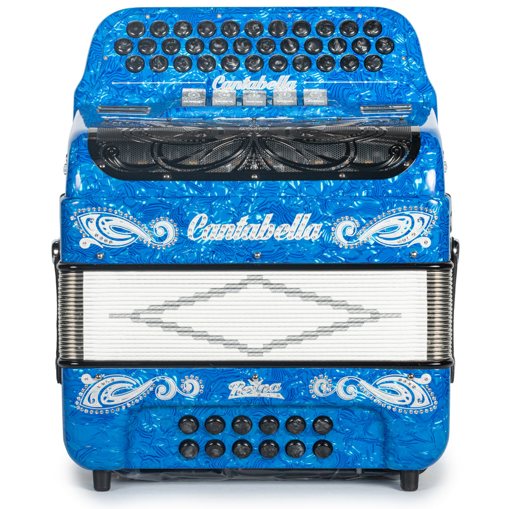 Cantabella Reina Accordion 5 Switch FBE Celluloid Blue Waves with Silver and Black Painted Fretboard