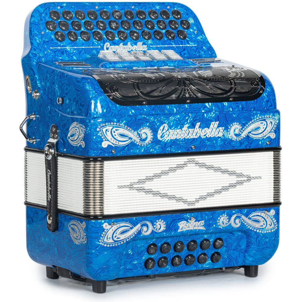 Cantabella Reina Accordion 5 Switch FBE Celluloid Blue Waves with Silver and Black Painted Fretboard