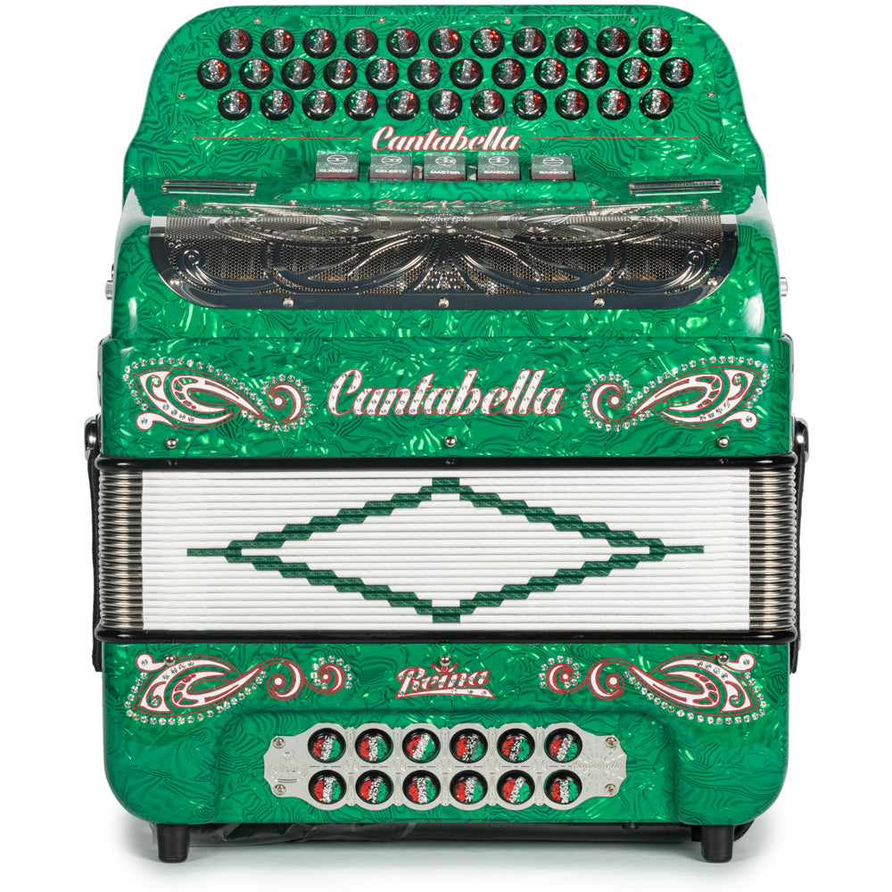 Cantabella Reina Accordion 5 Switch FBE Celluloid Green Waves with Painted Fretboard