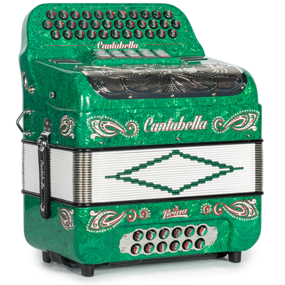 Cantabella Reina Accordion 5 Switch FBE Celluloid Green Waves with Painted Fretboard