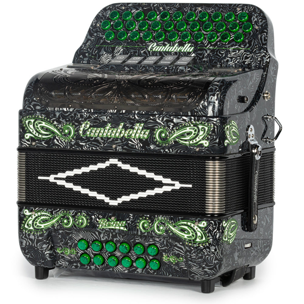 Cantabella Reina Accordion 5 Switch FBE Celluloid Grey Waves and Green with Painted Fretboard