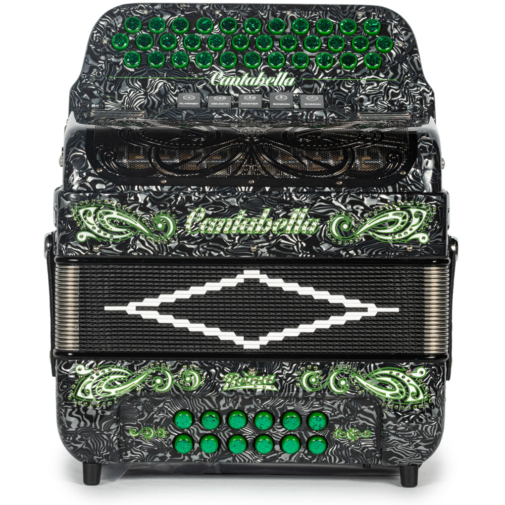 Cantabella Reina Accordion 5 Switch FBE Celluloid Grey Waves and Green with Painted Fretboard