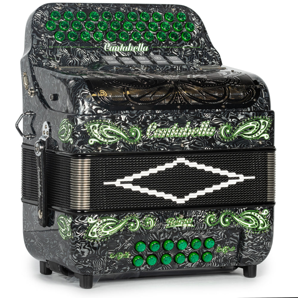 Cantabella Reina Accordion 5 Switch FBE Celluloid Grey Waves and Green with Painted Fretboard