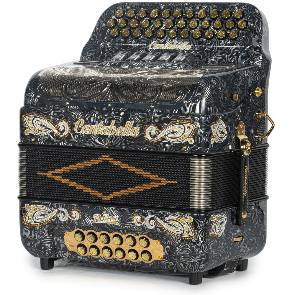 Cantabella Reina Accordion 5 Switch FBE Celluloid Grey Waves with Gold Painted Fretboard