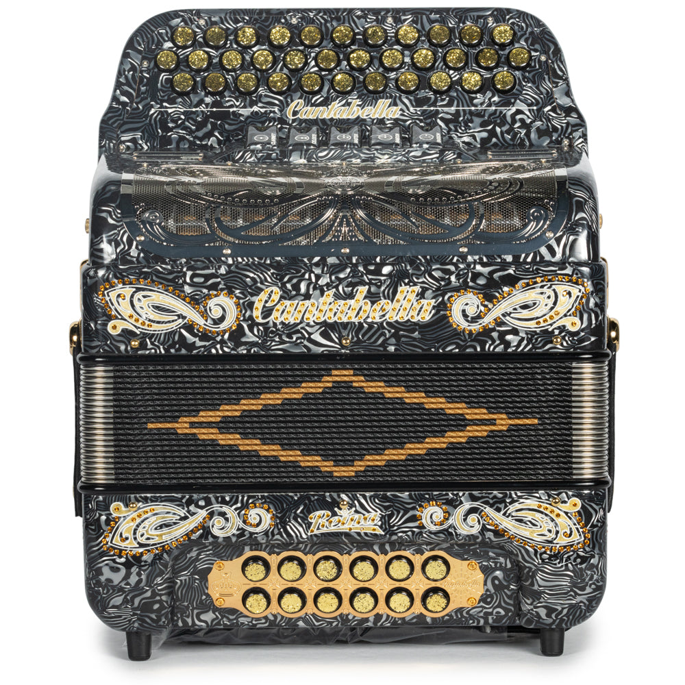 Cantabella Reina Accordion 5 Switch FBE Celluloid Grey Waves with Gold Painted Fretboard