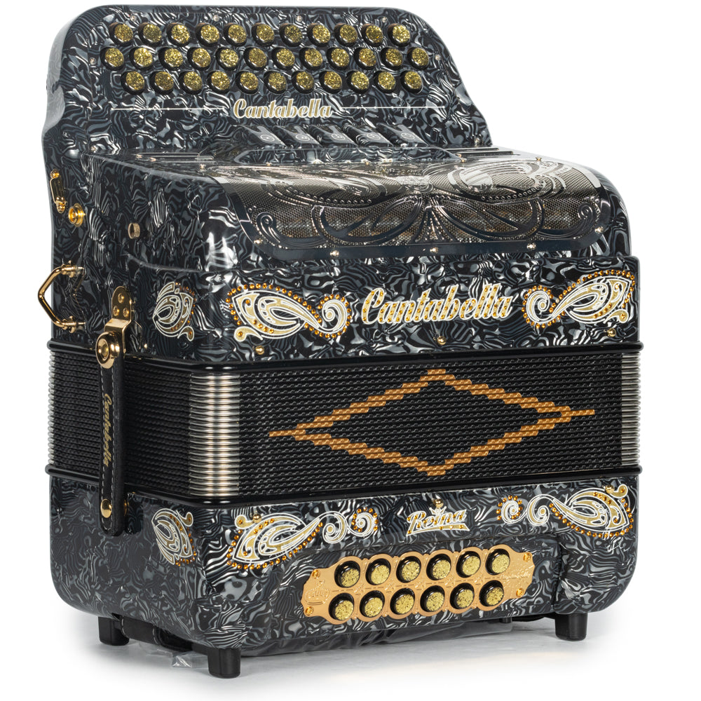 Cantabella Reina Accordion 5 Switch FBE Celluloid Grey Waves with Gold Painted Fretboard