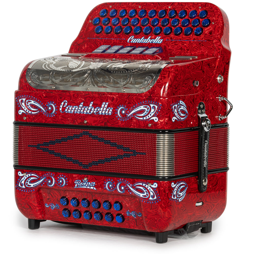 Cantabella Reina Accordion 5 Switch FBE Special Celluloid Red Waves with Blue and Painted Fretboard
