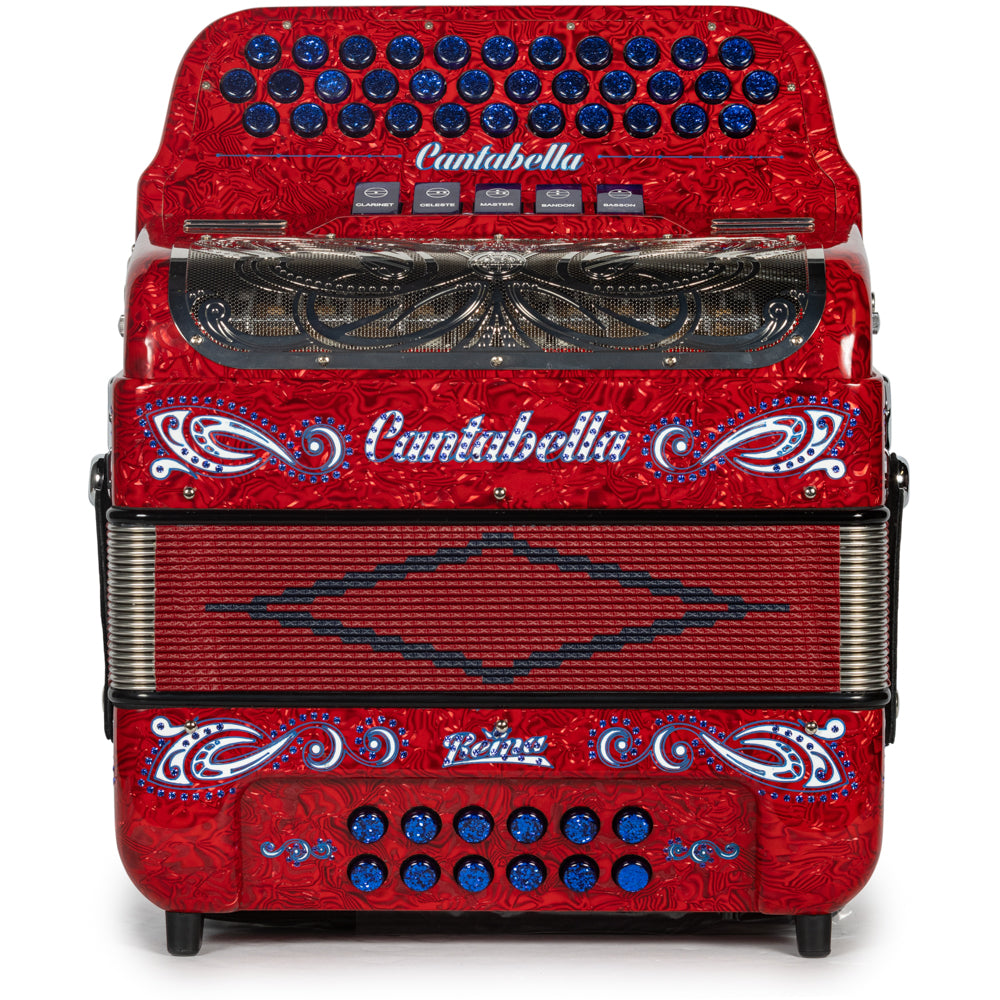 Cantabella Reina Accordion 5 Switch FBE Special Celluloid Red Waves with Blue and Painted Fretboard
