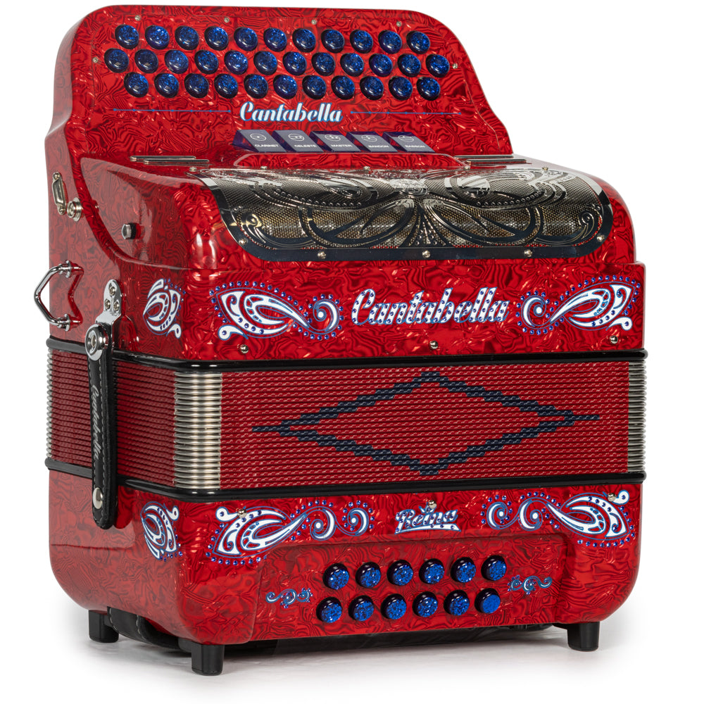 Cantabella Reina Accordion 5 Switch FBE Special Celluloid Red Waves with Blue and Painted Fretboard