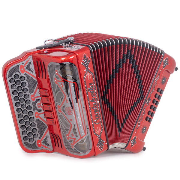 Cantabella Rey II 5 Switches FBE Red Glitter with Black Designs-accordion-Cantabella- Hermes Music