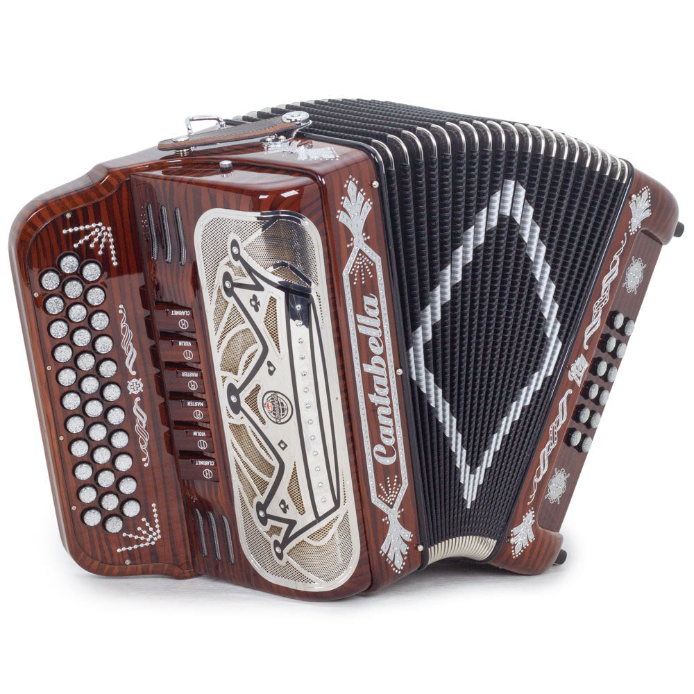 Cantabella Rey II Accordion 6 Switches EAD/GCF Dark Wood with Silver Designs-accordion-Cantabella- Hermes Music