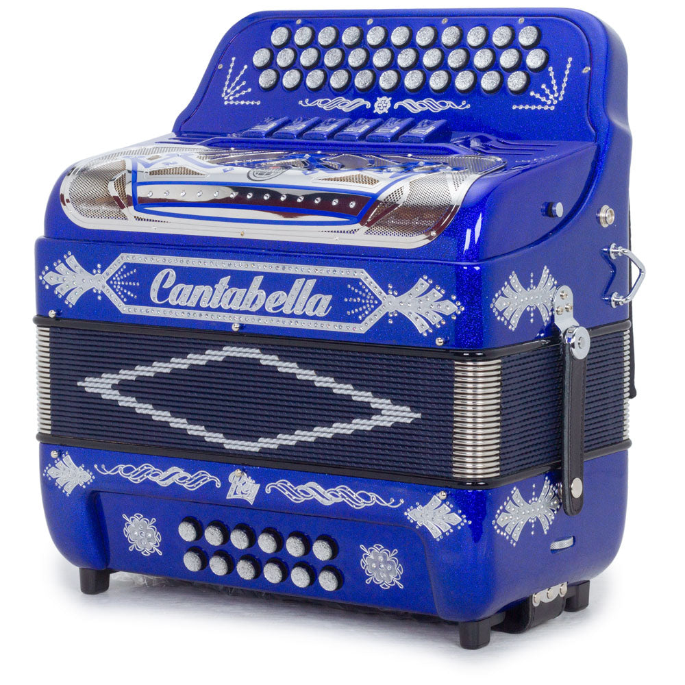 Cantabella Rey II Accordion 6 Switches FBE/GCF Blue Glitter with Silver Designs-accordion-Cantabella- Hermes Music