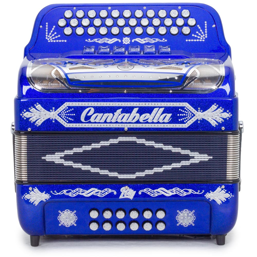 Cantabella Rey II Accordion 6 Switches FBE/GCF Blue Glitter with Silver Designs-accordion-Cantabella- Hermes Music