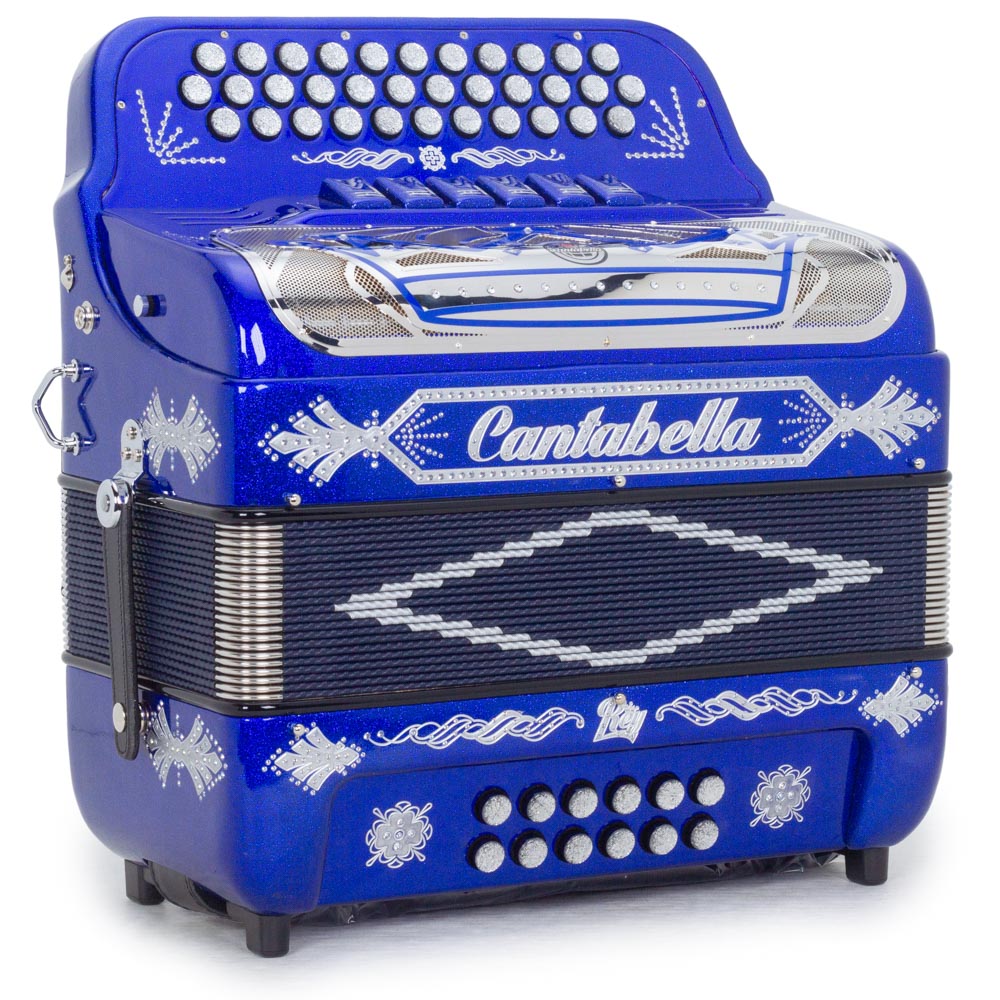 Cantabella Rey II Accordion 6 Switches FBE/GCF Blue Glitter with Silver Designs-accordion-Cantabella- Hermes Music