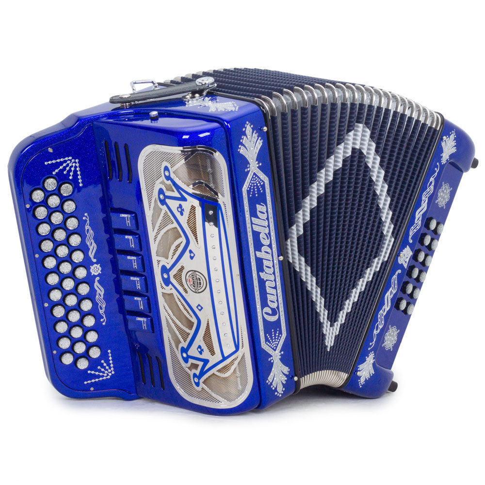 Cantabella Rey II Accordion 6 Switches FBE/GCF Blue Glitter with Silver Designs-accordion-Cantabella- Hermes Music